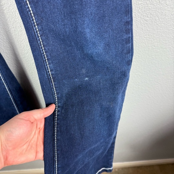 Angel Dark Wash Embroidered Pockets Womens Jeans Zipper Pull On Flare Boot Cut - Picture 2 of 10